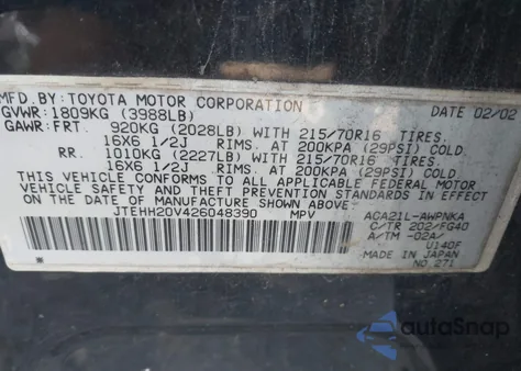 2002 Toyota Rav4 из США, поврежденный, VIN JTEHH20V426048390